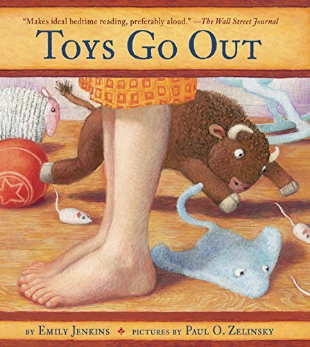 Book cover for Toys Go Out featuring a child's feet, toy stingray, a stuffed animal, and a toy plastic doll.