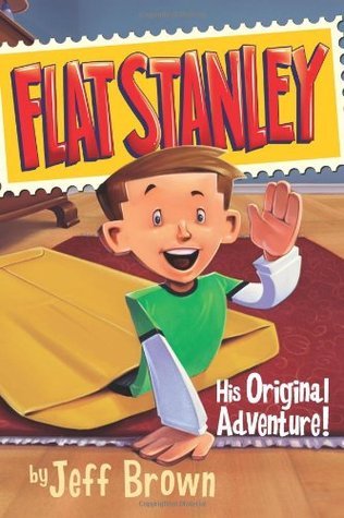Book cover for Flat Stanley with a flat boy sliding out of an envelope.