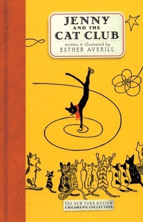 Book cover for Jenny and the Cat Club with a black cat twirling and other cats watching.