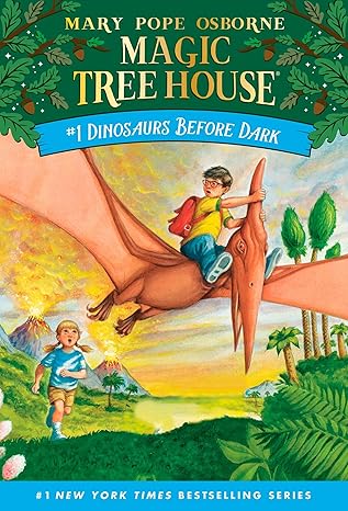 Book cover for The Magic Treehouse: Dinosaurs Before Dark showing a boy riding a dinosaur and a girl chasing.