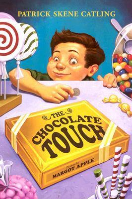 Book cover for The Chocolate Touch with a boy buying a large chocolate bar in a gold box.