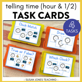 Telling Time Task Cards (hour and half hour) - Math Centers 1st Grade
